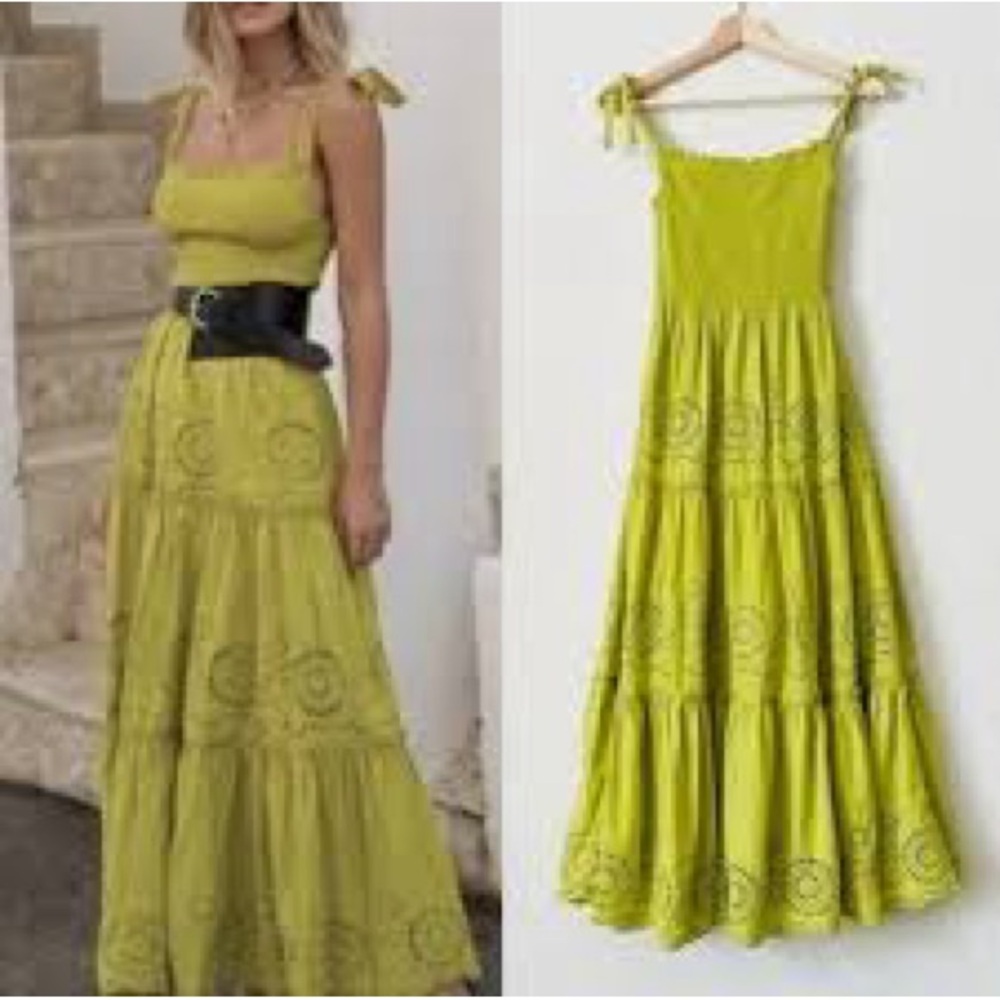 Zara Lime Green Tie-Shoulder Embroidered Maxi Dress